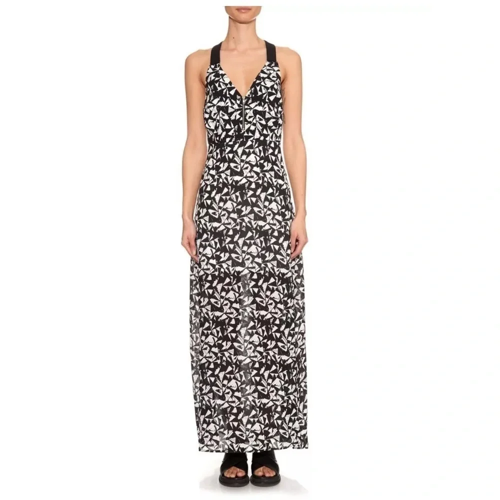 ALC Black Patti Printed Silk V Neck Halter Cross Back Maxi Dress Resort Vacay - Picture 8 of 12